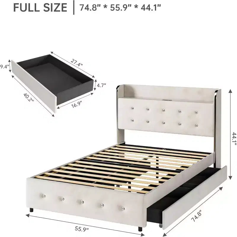 Letto matrimoniale in velluto beige con 4 cassetti contenitore, piattaforma, 2 persone