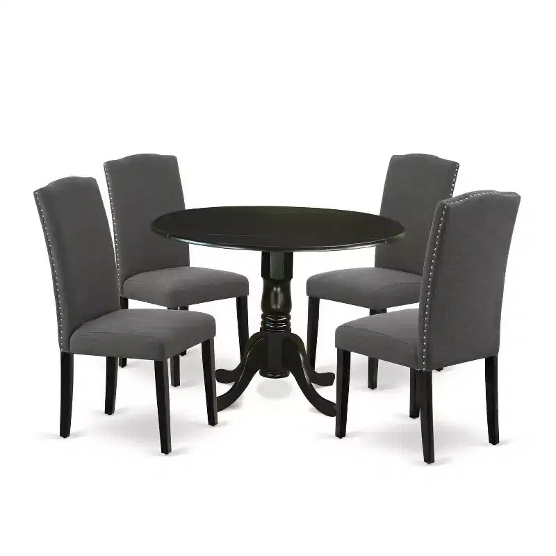 Set da tavolo da pranzo a ribalta rotondo nero, lino grigio scuro, posti a sedere fino a 4