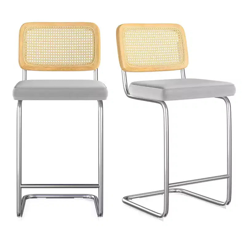 Sgabelli da bar in velluto grigio chiaro con schienale in rattan, senza braccioli, altezza bancone 26", set da 2