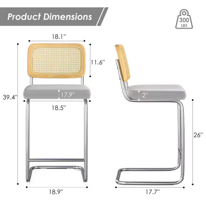Sgabelli da bar in velluto grigio chiaro con schienale in rattan, senza braccioli, altezza bancone 26", set da 2