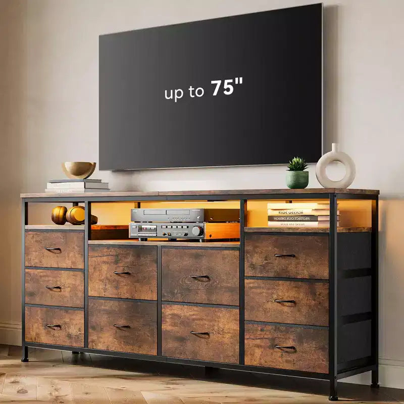 Mobile TV da 160 cm con 10 cassetti in tessuto, luci a LED e ripiani aperti – Nero / Marrone / Rosa / Bianco, adatto per TV fino a 75"