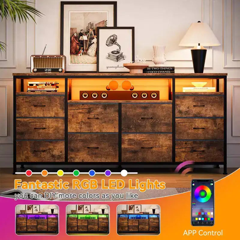 Mobile TV da 160 cm con 10 cassetti in tessuto, luci a LED e ripiani aperti – Nero / Marrone / Rosa / Bianco, adatto per TV fino a 75"