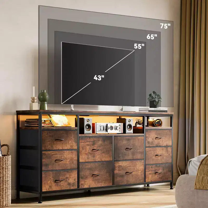 Mobile TV da 160 cm con 10 cassetti in tessuto, luci a LED e ripiani aperti – Nero / Marrone / Rosa / Bianco, adatto per TV fino a 75"