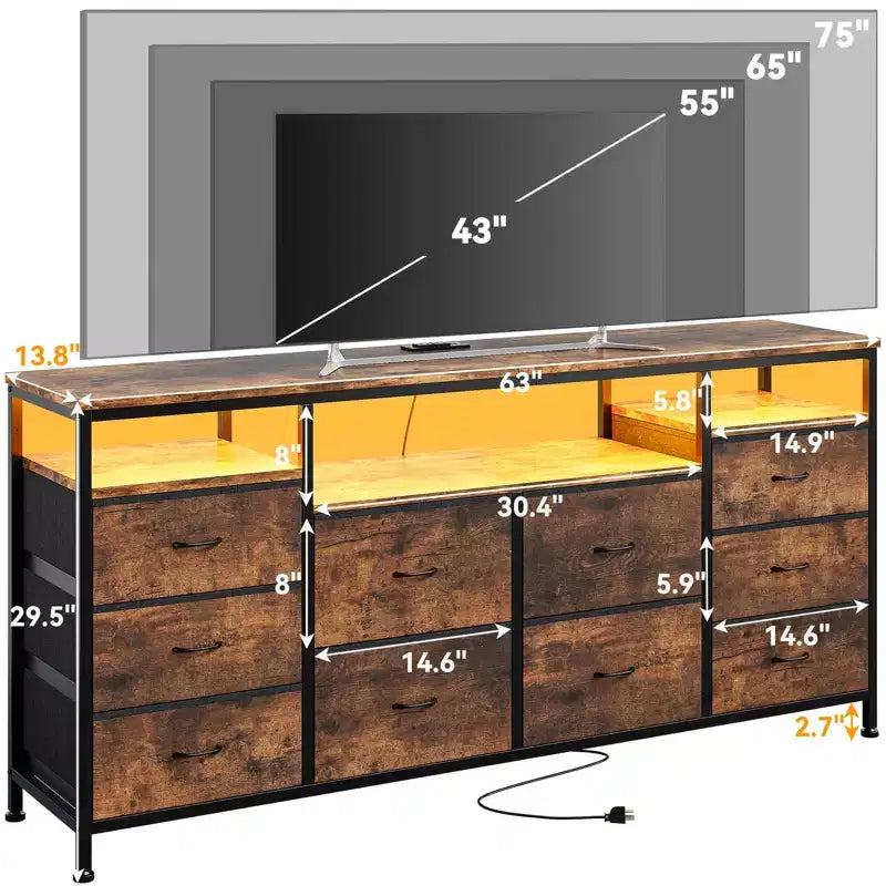 Mobile TV da 160 cm con 10 cassetti in tessuto, luci a LED e ripiani aperti – Nero / Marrone / Rosa / Bianco, adatto per TV fino a 75"