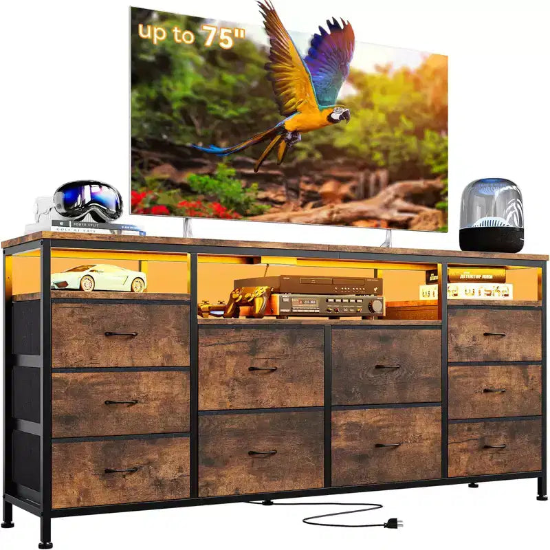Mobile TV da 160 cm con 10 cassetti in tessuto, luci a LED e ripiani aperti – Nero / Marrone / Rosa / Bianco, adatto per TV fino a 75"