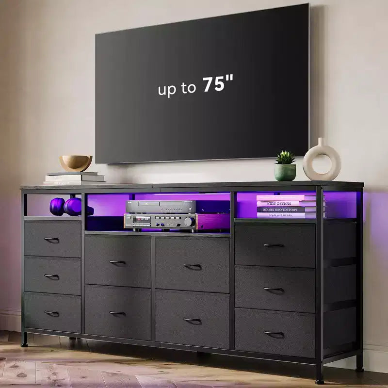 Mobile TV da 160 cm con 10 cassetti in tessuto, luci a LED e ripiani aperti – Nero / Marrone / Rosa / Bianco, adatto per TV fino a 75"