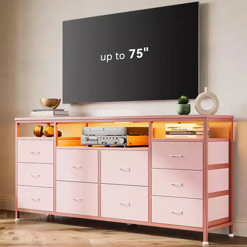 Mobile TV da 160 cm con 10 cassetti in tessuto, luci a LED e ripiani aperti – Nero / Marrone / Rosa / Bianco, adatto per TV fino a 75"