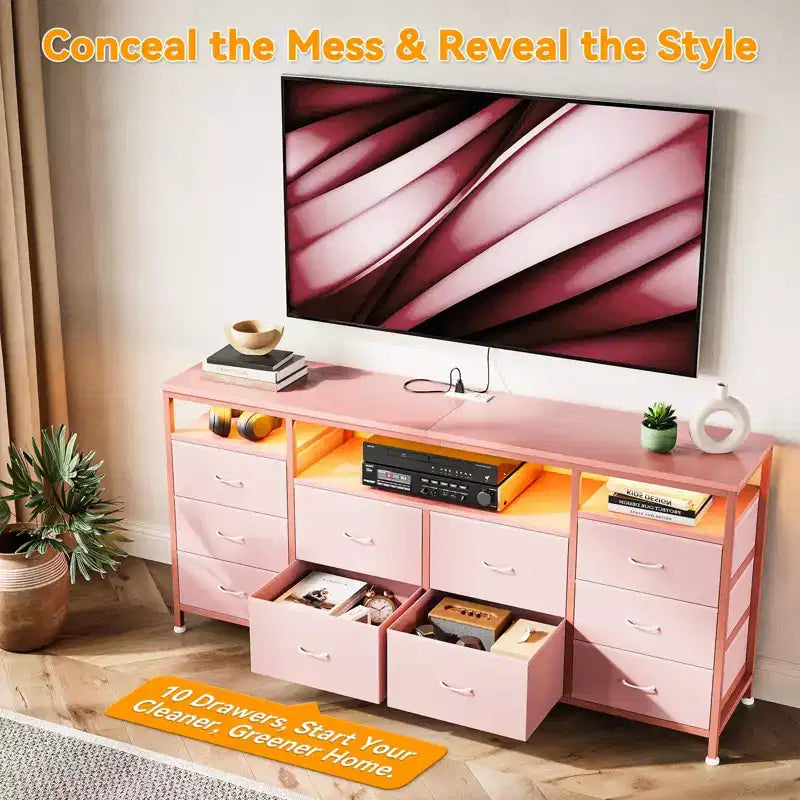Mobile TV da 160 cm con 10 cassetti in tessuto, luci a LED e ripiani aperti – Nero / Marrone / Rosa / Bianco, adatto per TV fino a 75"