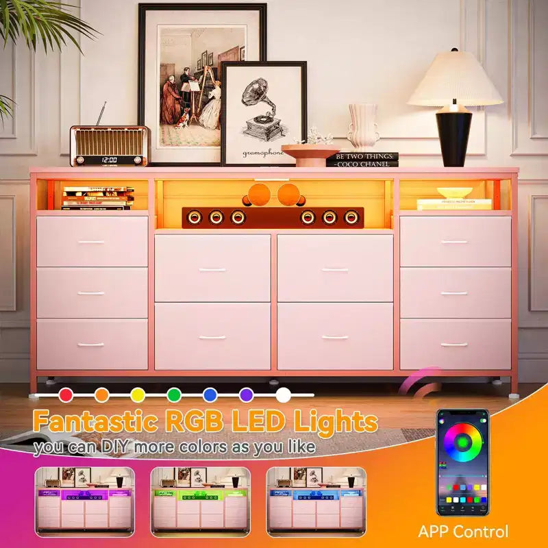 Mobile TV da 160 cm con 10 cassetti in tessuto, luci a LED e ripiani aperti – Nero / Marrone / Rosa / Bianco, adatto per TV fino a 75"