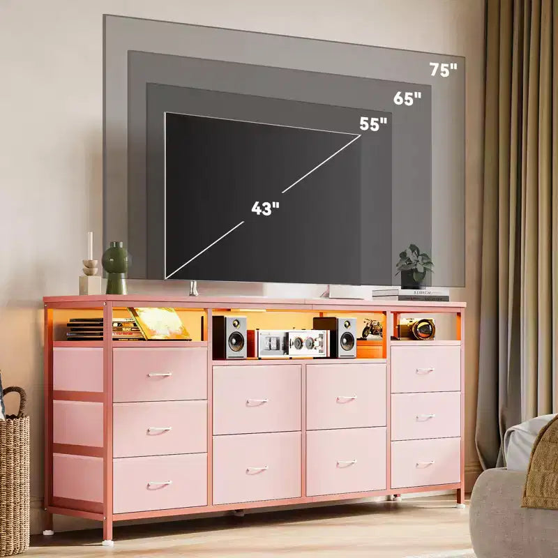 Mobile TV da 160 cm con 10 cassetti in tessuto, luci a LED e ripiani aperti – Nero / Marrone / Rosa / Bianco, adatto per TV fino a 75"
