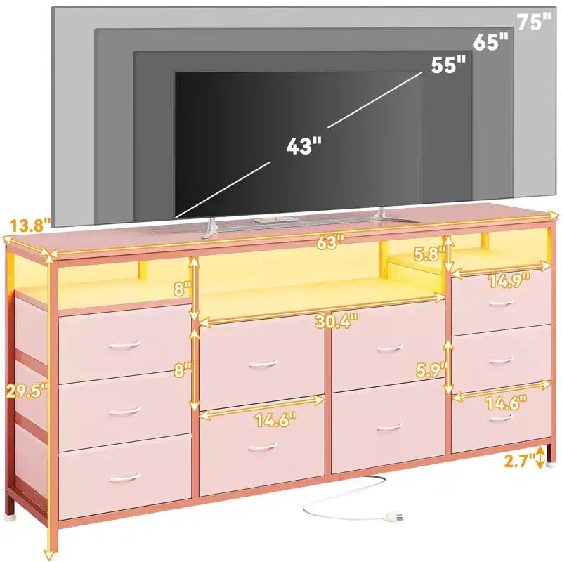 Mobile TV da 160 cm con 10 cassetti in tessuto, luci a LED e ripiani aperti – Nero / Marrone / Rosa / Bianco, adatto per TV fino a 75"