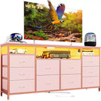 Mobile TV da 160 cm con 10 cassetti in tessuto, luci a LED e ripiani aperti – Nero / Marrone / Rosa / Bianco, adatto per TV fino a 75"