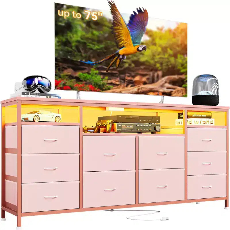 Mobile TV da 160 cm con 10 cassetti in tessuto, luci a LED e ripiani aperti – Nero / Marrone / Rosa / Bianco, adatto per TV fino a 75"