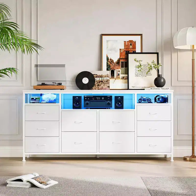Mobile TV da 160 cm con 10 cassetti in tessuto, luci a LED e ripiani aperti – Nero / Marrone / Rosa / Bianco, adatto per TV fino a 75"