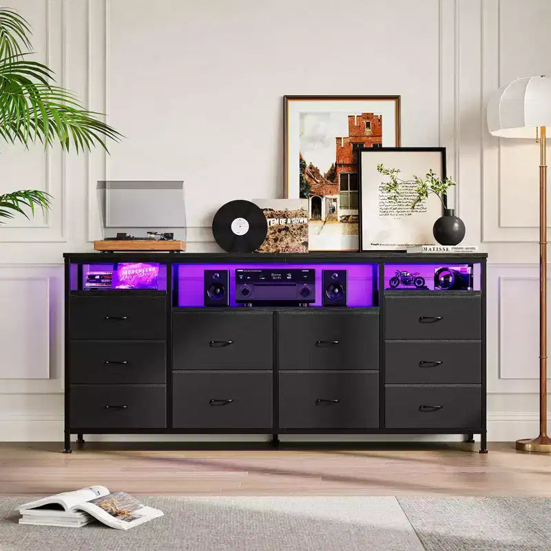 Mobile TV da 160 cm con 10 cassetti in tessuto, luci a LED e ripiani aperti – Nero / Marrone / Rosa / Bianco, adatto per TV fino a 75"