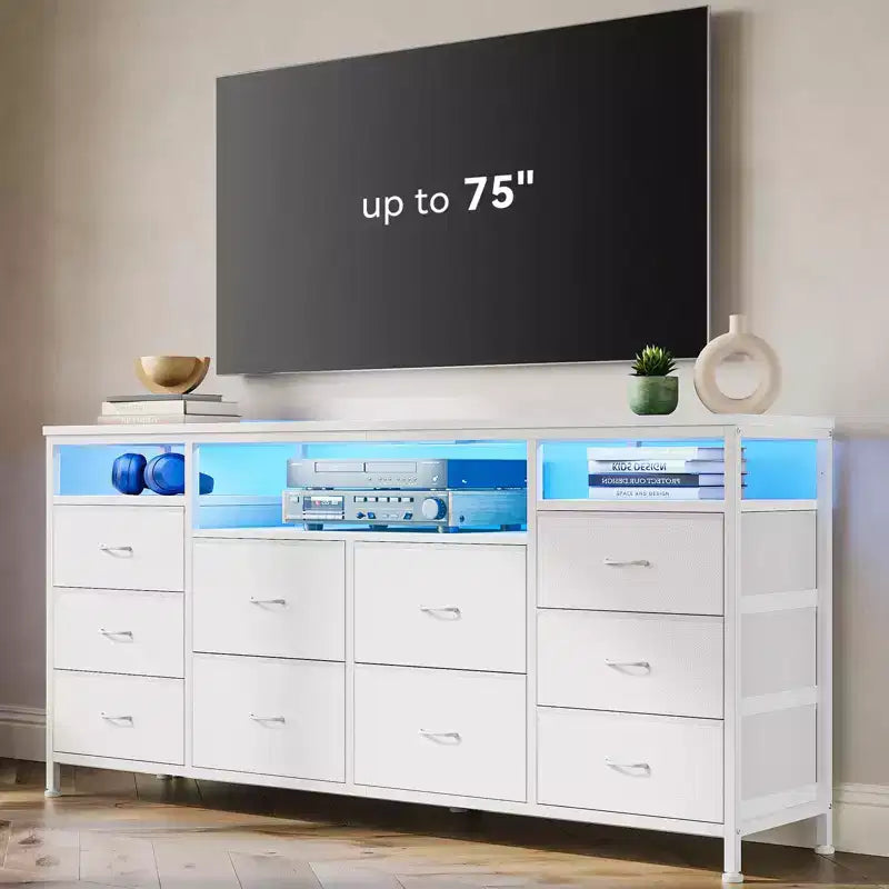 Mobile TV da 160 cm con 10 cassetti in tessuto, luci a LED e ripiani aperti – Nero / Marrone / Rosa / Bianco, adatto per TV fino a 75"