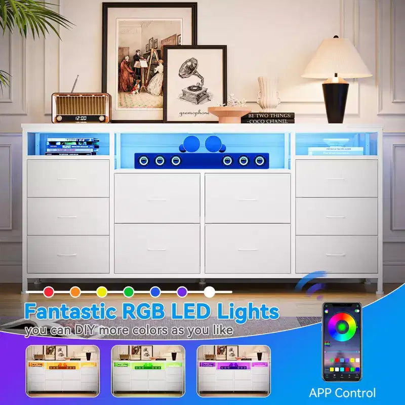 Mobile TV da 160 cm con 10 cassetti in tessuto, luci a LED e ripiani aperti – Nero / Marrone / Rosa / Bianco, adatto per TV fino a 75"