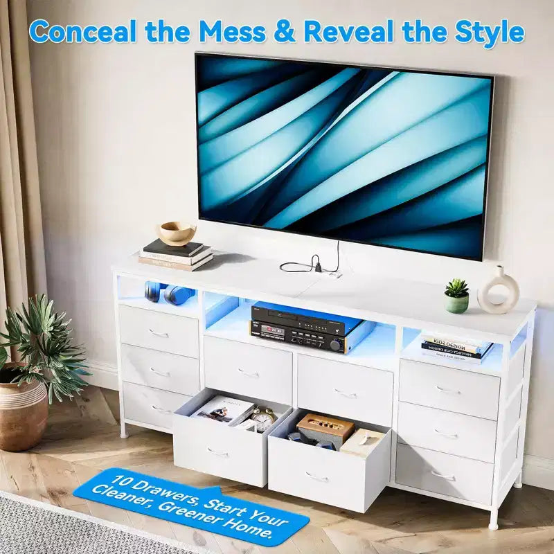 Mobile TV da 160 cm con 10 cassetti in tessuto, luci a LED e ripiani aperti – Nero / Marrone / Rosa / Bianco, adatto per TV fino a 75"