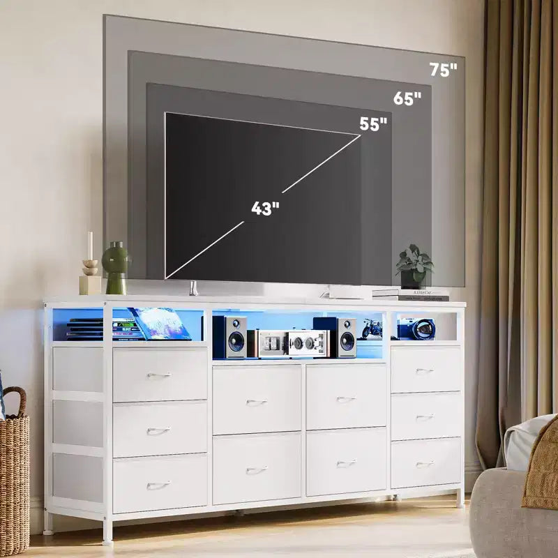 Mobile TV da 160 cm con 10 cassetti in tessuto, luci a LED e ripiani aperti – Nero / Marrone / Rosa / Bianco, adatto per TV fino a 75"