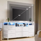 Mobile TV da 160 cm con 10 cassetti in tessuto, luci a LED e ripiani aperti – Nero / Marrone / Rosa / Bianco, adatto per TV fino a 75"