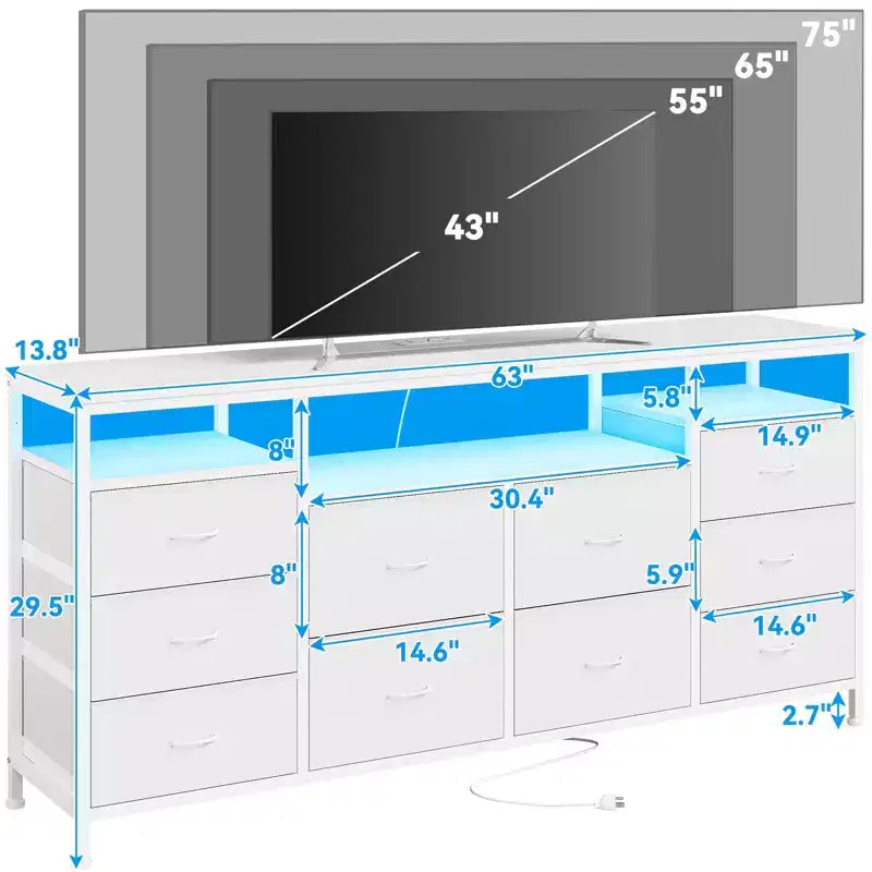 Mobile TV da 160 cm con 10 cassetti in tessuto, luci a LED e ripiani aperti – Nero / Marrone / Rosa / Bianco, adatto per TV fino a 75"