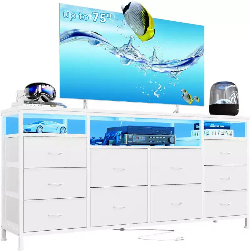 Mobile TV da 160 cm con 10 cassetti in tessuto, luci a LED e ripiani aperti – Nero / Marrone / Rosa / Bianco, adatto per TV fino a 75"