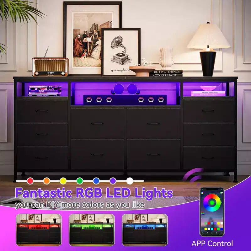 Mobile TV da 160 cm con 10 cassetti in tessuto, luci a LED e ripiani aperti – Nero / Marrone / Rosa / Bianco, adatto per TV fino a 75"