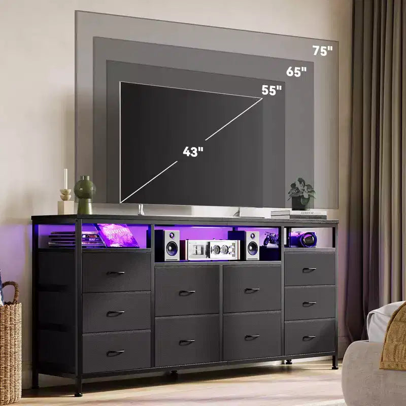 Mobile TV da 160 cm con 10 cassetti in tessuto, luci a LED e ripiani aperti – Nero / Marrone / Rosa / Bianco, adatto per TV fino a 75"