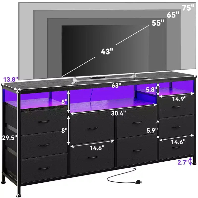 Mobile TV da 160 cm con 10 cassetti in tessuto, luci a LED e ripiani aperti – Nero / Marrone / Rosa / Bianco, adatto per TV fino a 75"