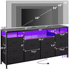 Mobile TV da 160 cm con 10 cassetti in tessuto, luci a LED e ripiani aperti – Nero / Marrone / Rosa / Bianco, adatto per TV fino a 75"