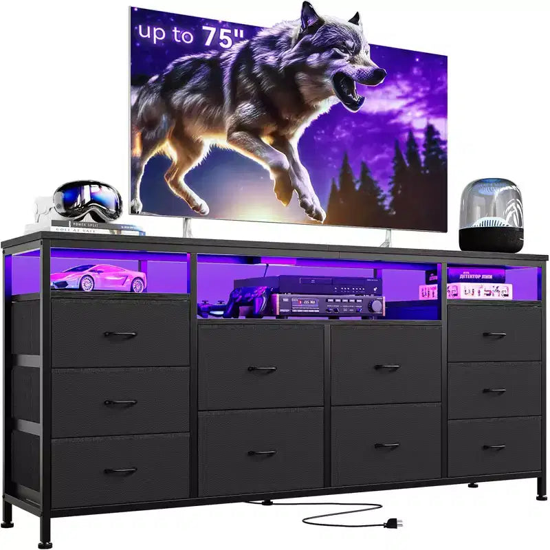 Mobile TV da 160 cm con 10 cassetti in tessuto, luci a LED e ripiani aperti – Nero / Marrone / Rosa / Bianco, adatto per TV fino a 75"