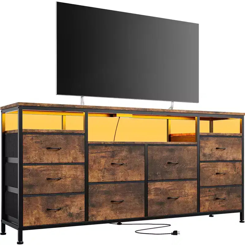 Mobile TV da 160 cm con 10 cassetti in tessuto, luci a LED e ripiani aperti – Nero / Marrone / Rosa / Bianco, adatto per TV fino a 75"