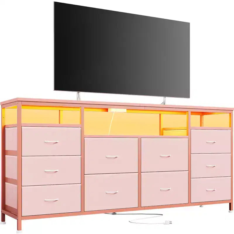 Mobile TV da 160 cm con 10 cassetti in tessuto, luci a LED e ripiani aperti – Nero / Marrone / Rosa / Bianco, adatto per TV fino a 75"