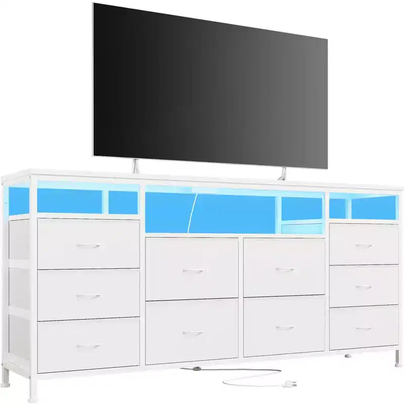 Mobile TV da 160 cm con 10 cassetti in tessuto, luci a LED e ripiani aperti – Nero / Marrone / Rosa / Bianco, adatto per TV fino a 75"