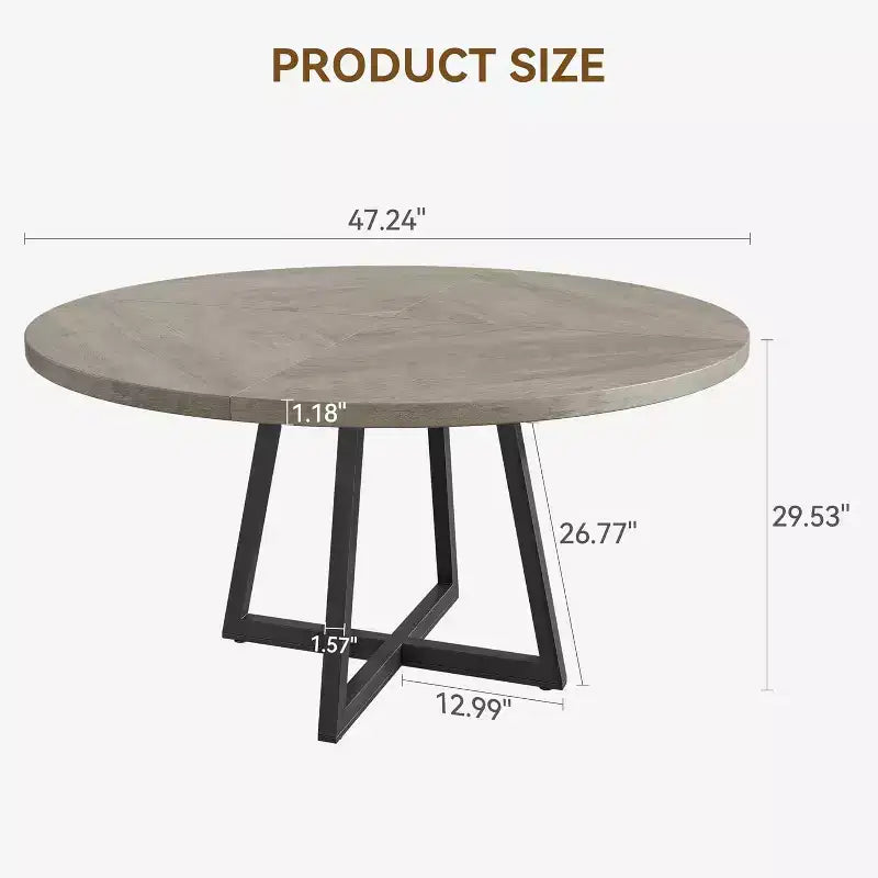 Tavolo da pranzo rotondo grigio, base in metallo incrociata, piano in MDF, 4 posti