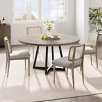 Tavolo da pranzo rotondo grigio, base in metallo incrociata, piano in MDF, 4 posti