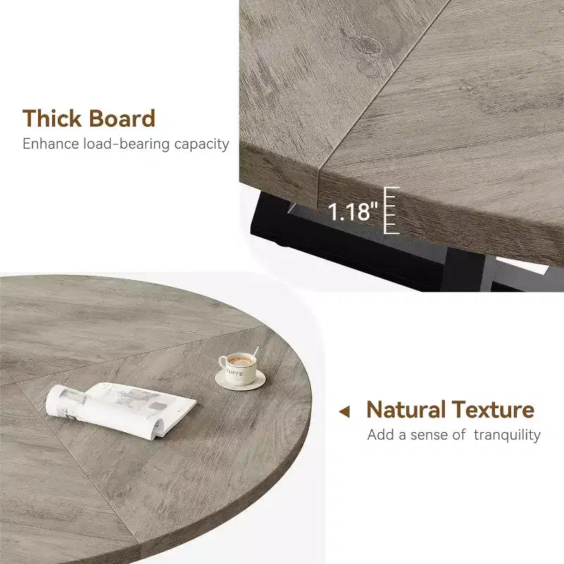 Tavolo da pranzo rotondo grigio, base in metallo incrociata, piano in MDF, 4 posti