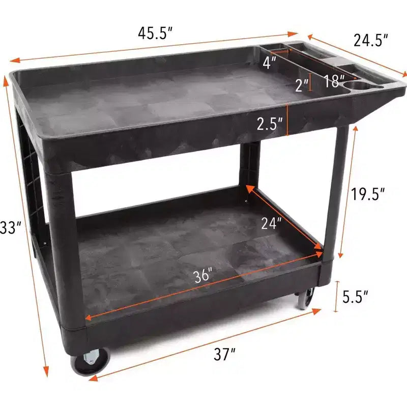Carrello di servizio nero a 2 ripiani con ruote, 115,5 cm x 62,2 cm, capacità 226,8 kg