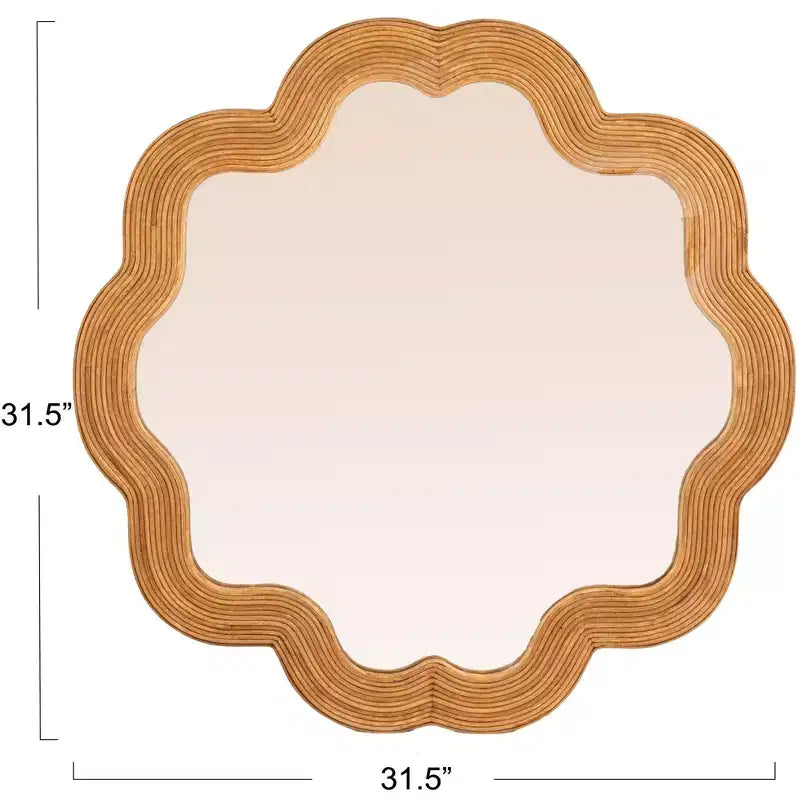 Specchio da Parete Rotondo in Rattan Naturale Marrone con Bordo Festonato, Singolo