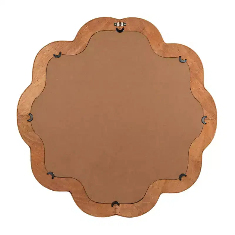 Specchio da Parete Rotondo in Rattan Naturale Marrone con Bordo Festonato, Singolo