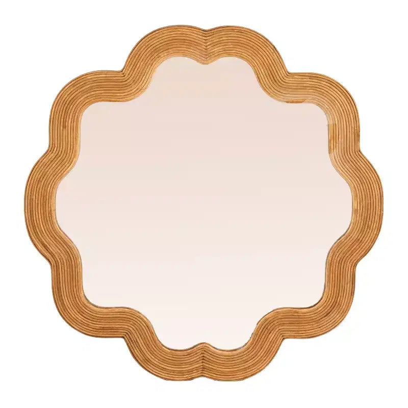 Specchio da Parete Rotondo in Rattan Naturale Marrone con Bordo Festonato, Singolo