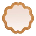 Specchio da Parete Rotondo in Rattan Naturale Marrone con Bordo Festonato, Singolo