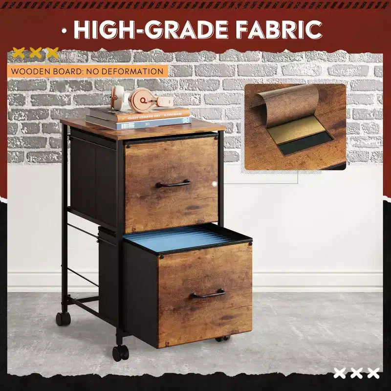 Schedario Mobile a 2 Cassetti Marrone Rustico con Piano in Legno, per 1 Persona