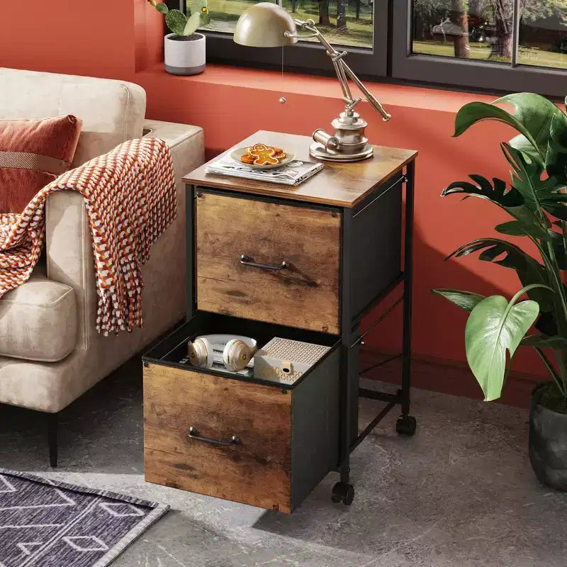 Schedario Mobile a 2 Cassetti Marrone Rustico con Piano in Legno, per 1 Persona