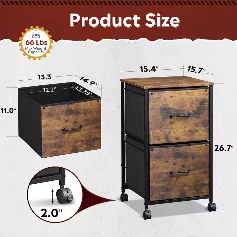Schedario Mobile a 2 Cassetti Marrone Rustico con Piano in Legno, per 1 Persona