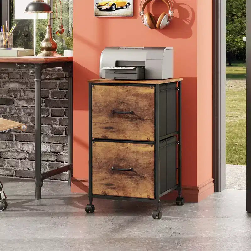 Schedario Mobile a 2 Cassetti Marrone Rustico con Piano in Legno, per 1 Persona