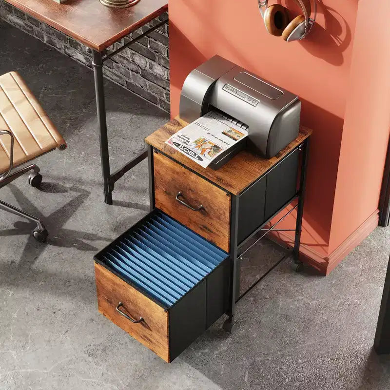Schedario Mobile a 2 Cassetti Marrone Rustico con Piano in Legno, per 1 Persona