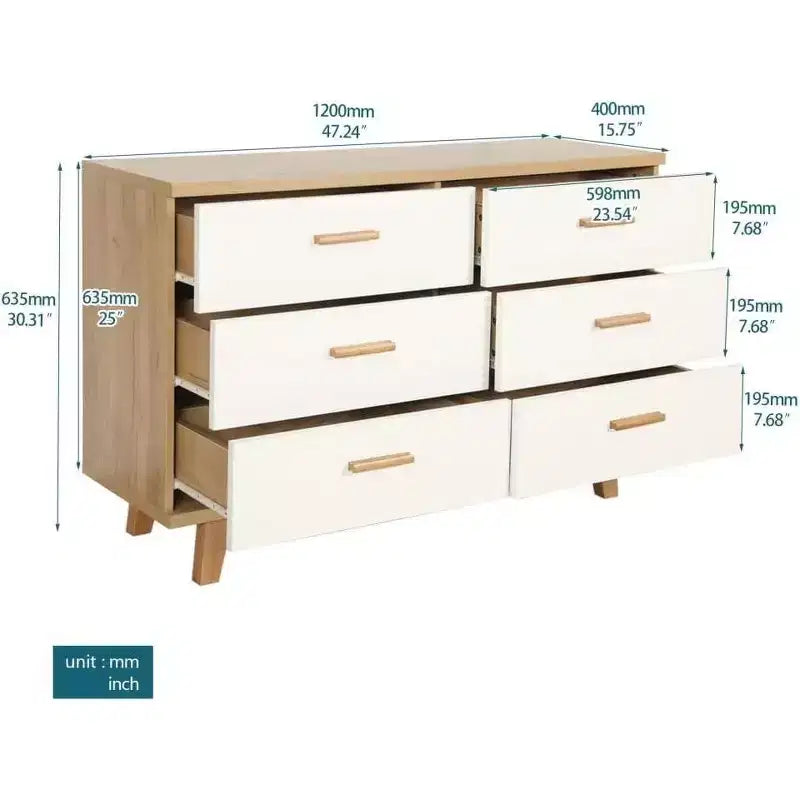 Credenza bianca a 6 cassetti, buffet moderno per 1-2 utenti, 119 cm di larghezza