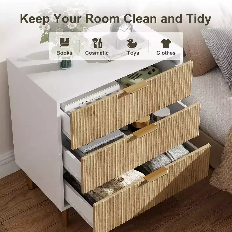 Comò a 3 cassetti – Verde / Naturale / Rosa / Bianco, Legno Moderno, Singolo