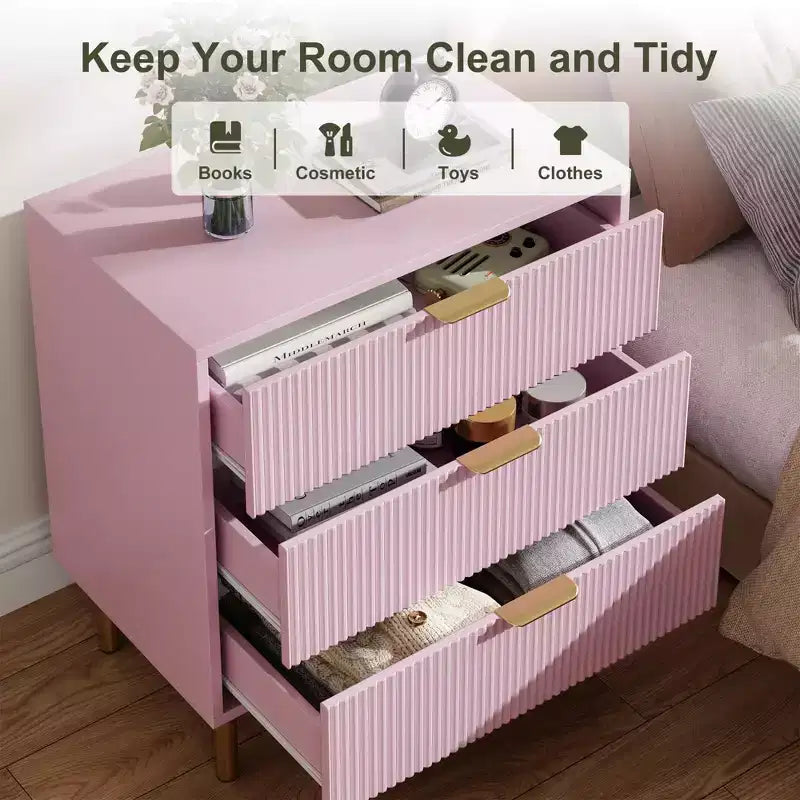 Comò a 3 cassetti – Verde / Naturale / Rosa / Bianco, Legno Moderno, Singolo